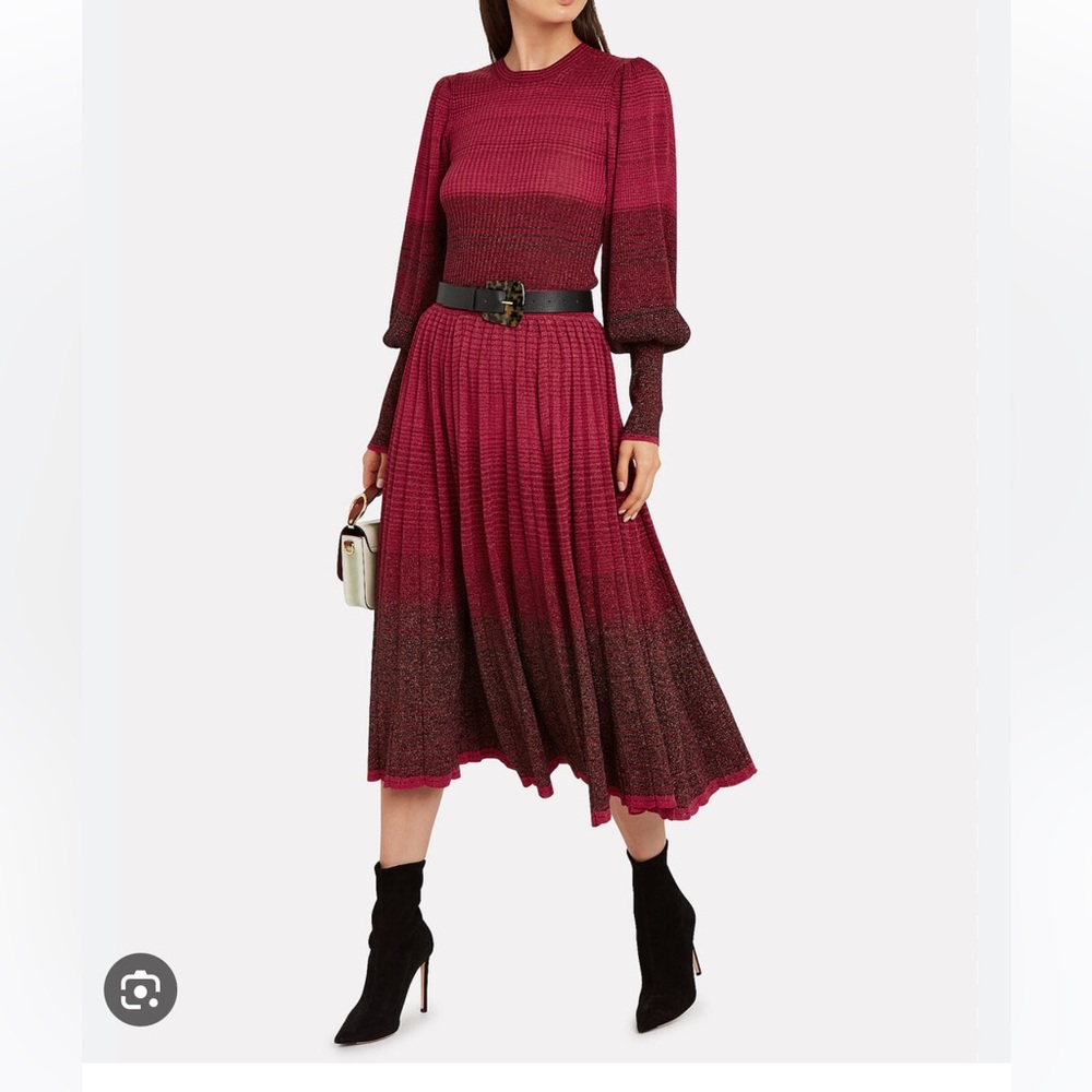 the Billie skirt is a pleated midi style in gradient metallic with the top